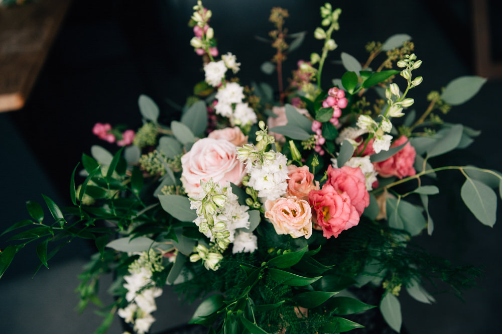 Bouquet Flowers Bride Bridal Pink Blush White Greenery Foliage Rose Berries Cripps Barn Wedding Isobel Murphy Photography