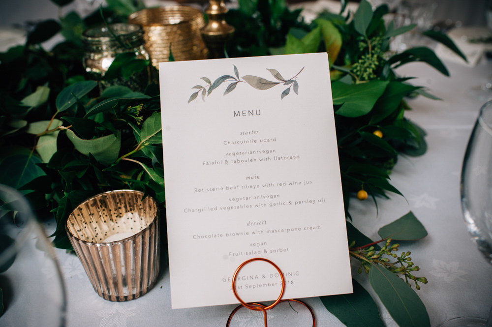 Botanical Leaf Greenery Wreath Stationery Menu Cripps Barn Wedding Isobel Murphy Photography