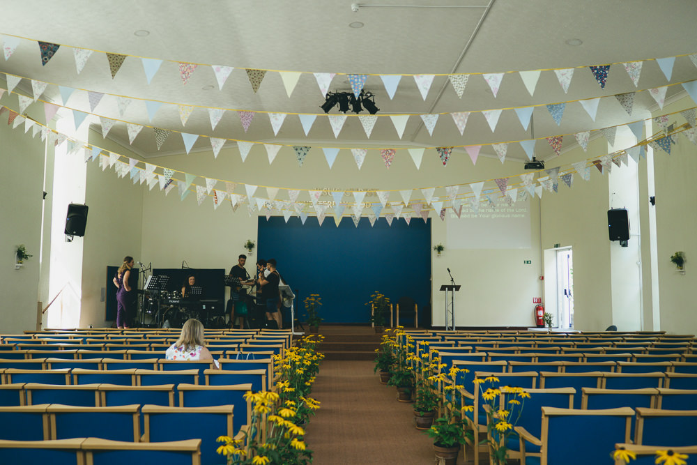 Bunting Yellow Flowers Aisle Ceremony Damerham Village Hall Wedding Lisa-Marie Halliday Photography