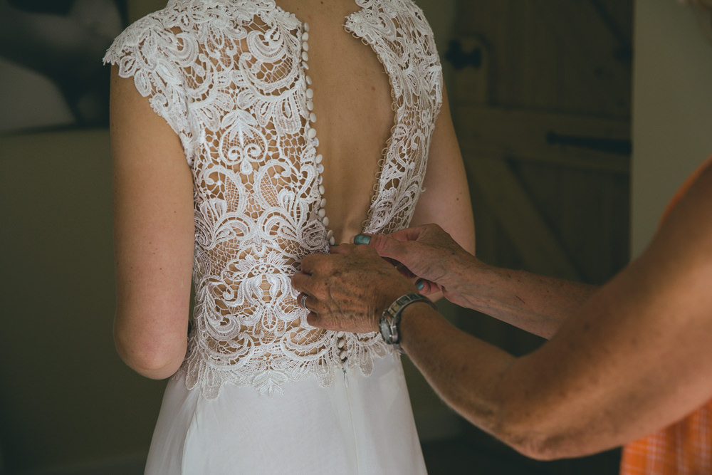 Dress Gown Bride Bridal Lace Top Back Damerham Village Hall Wedding Lisa-Marie Halliday Photography