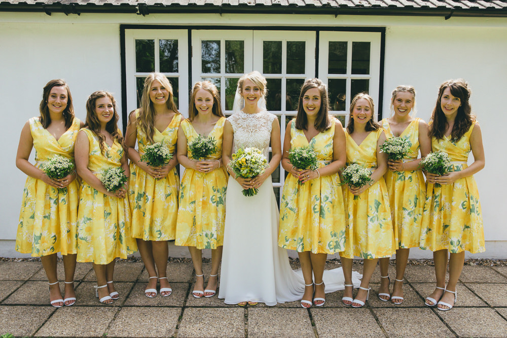 Short Yellow Floral Bridesmaids Bridesmaid Dress Dresses Damerham Village Hall Wedding Lisa-Marie Halliday Photography