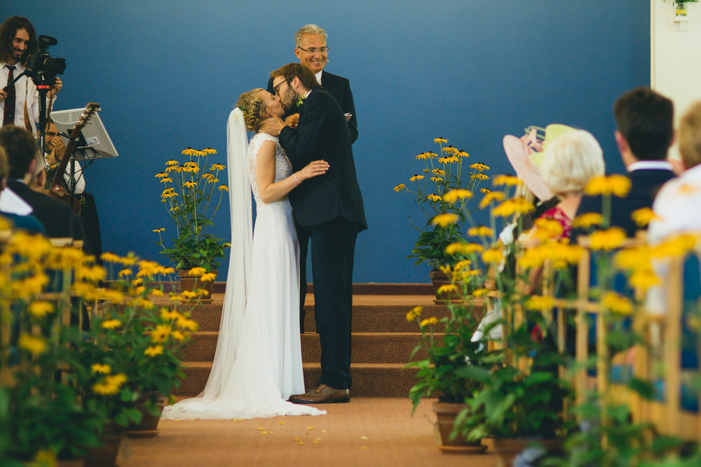 Yellow Flowers Aisle Ceremony Damerham Village Hall Wedding Lisa-Marie Halliday Photography