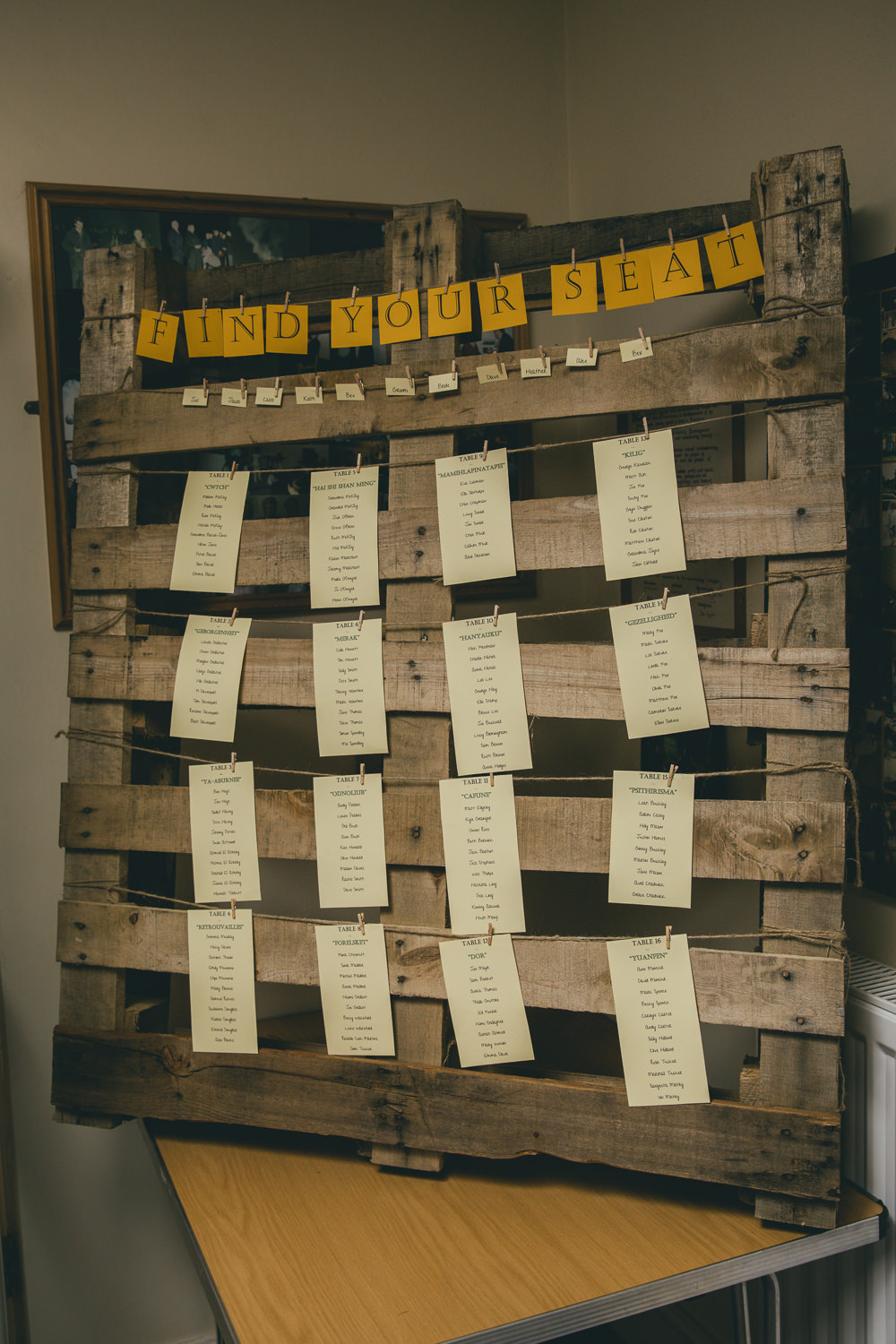 Seating Plan Table Chart Wooden Pallet Damerham Village Hall Wedding Lisa-Marie Halliday Photography