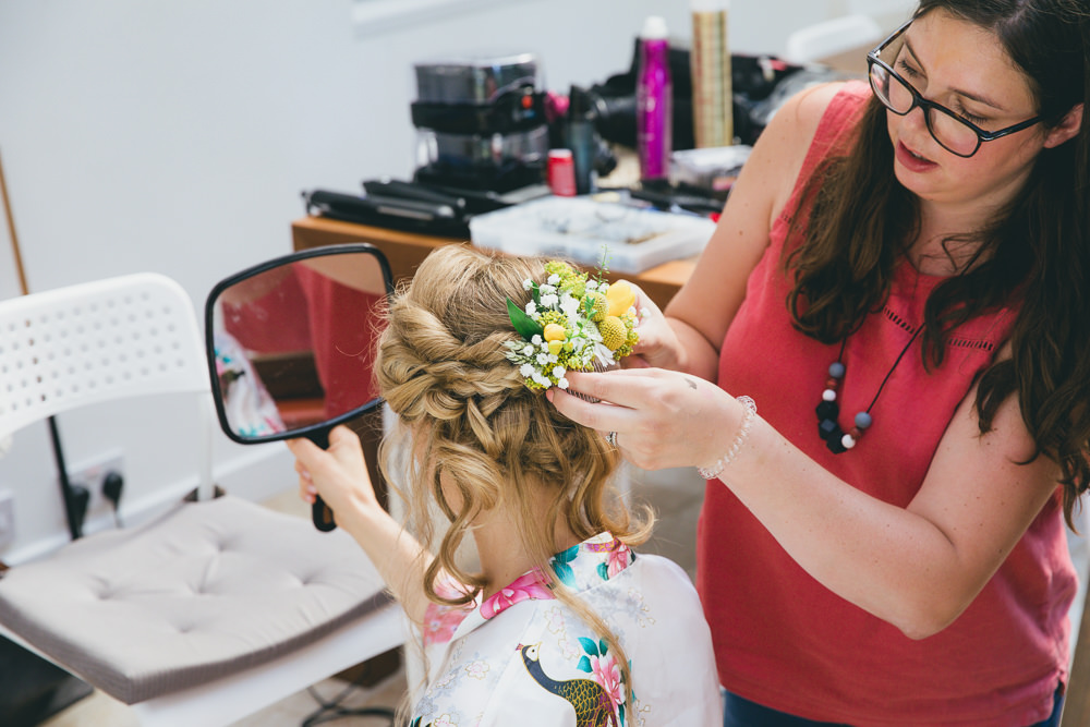 Bride Bridal Hair Flowers Damerham Village Hall Wedding Lisa-Marie Halliday Photography