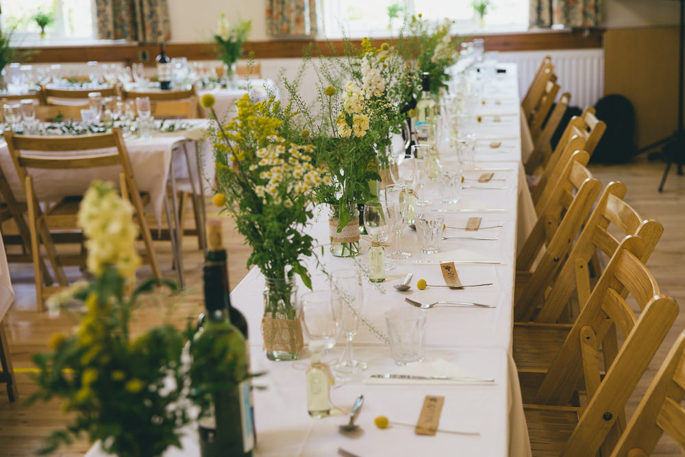 Long Tables Yellow Flowers Bottles Hessian Burlap Damerham Village Hall Wedding Lisa-Marie Halliday Photography