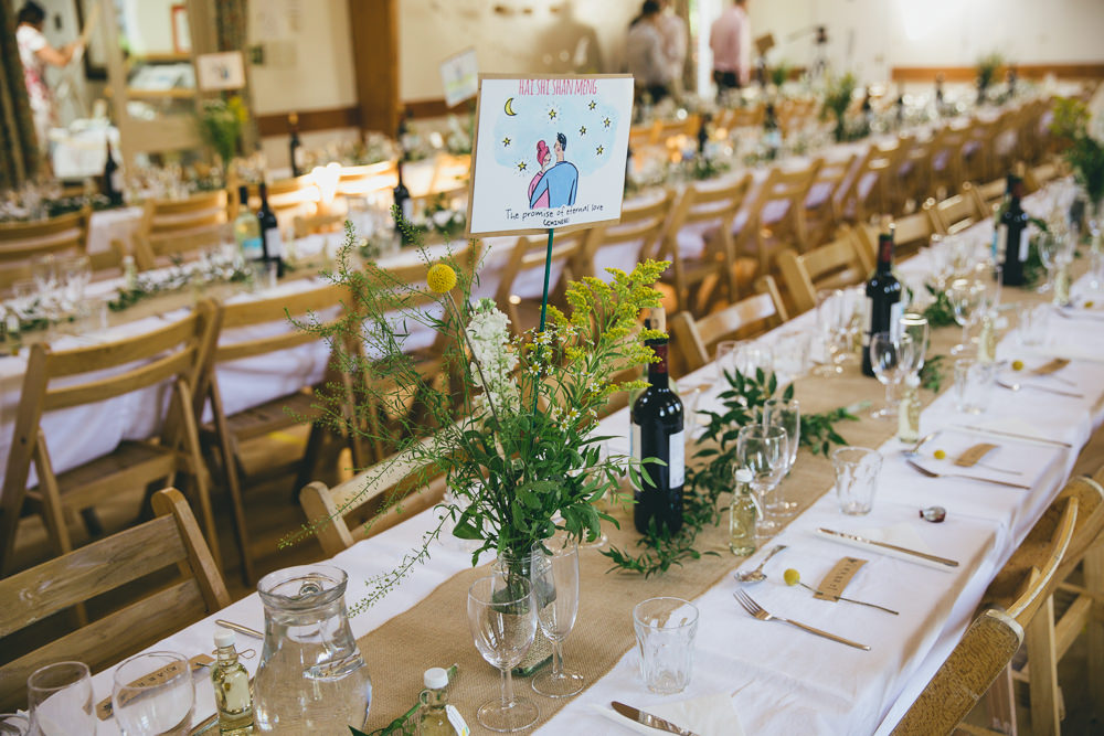 Long Tables Yellow Flowers Bottles Hessian Burlap Damerham Village Hall Wedding Lisa-Marie Halliday Photography