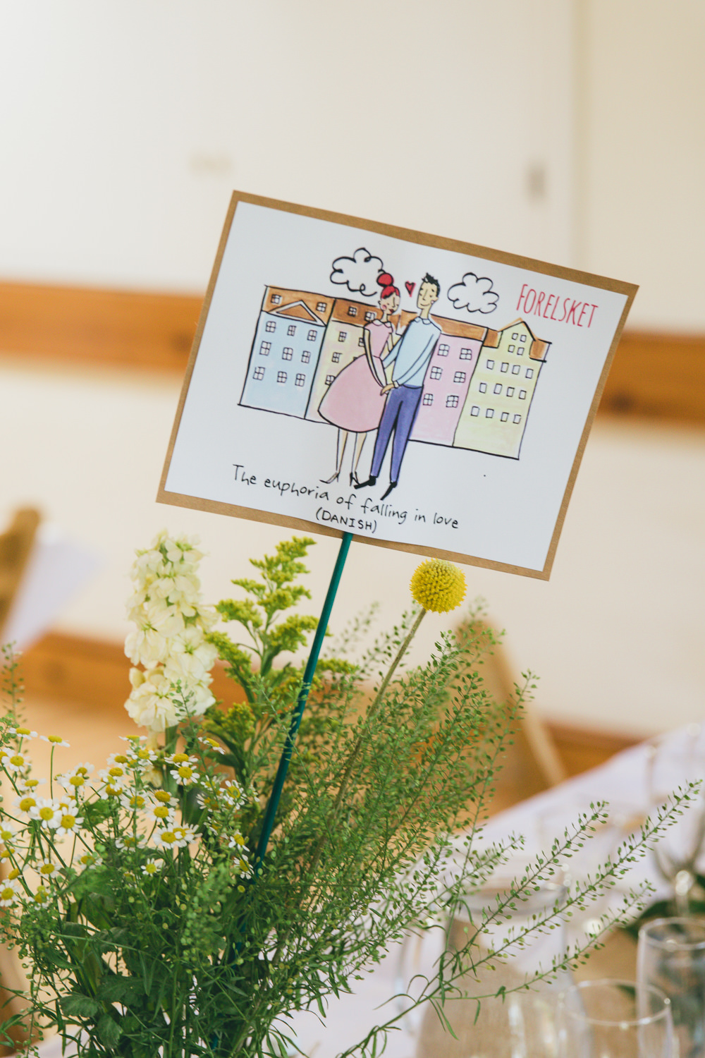 Illustrated Table Sign Damerham Village Hall Wedding Lisa-Marie Halliday Photography