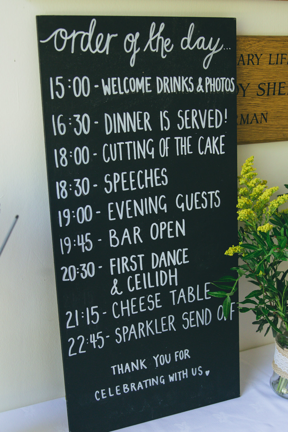 Black Chalk Board Sign Order Day Damerham Village Hall Wedding Lisa-Marie Halliday Photography