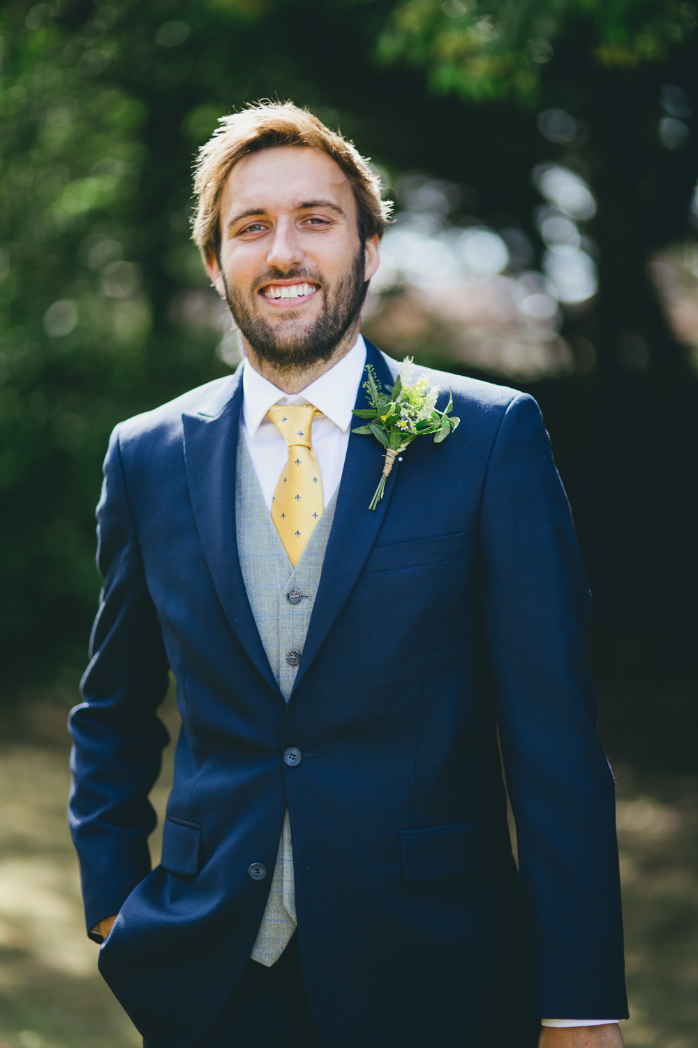 Groom Groomsmen Suits Yellow Tie Navy Waistcoat Damerham Village Hall Wedding Lisa-Marie Halliday Photography