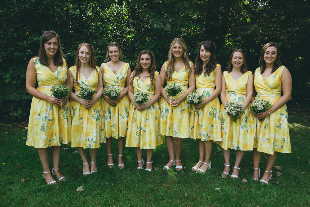 Short Yellow Floral Bridesmaids Bridesmaid Dress Dresses Damerham Village Hall Wedding Lisa-Marie Halliday Photography