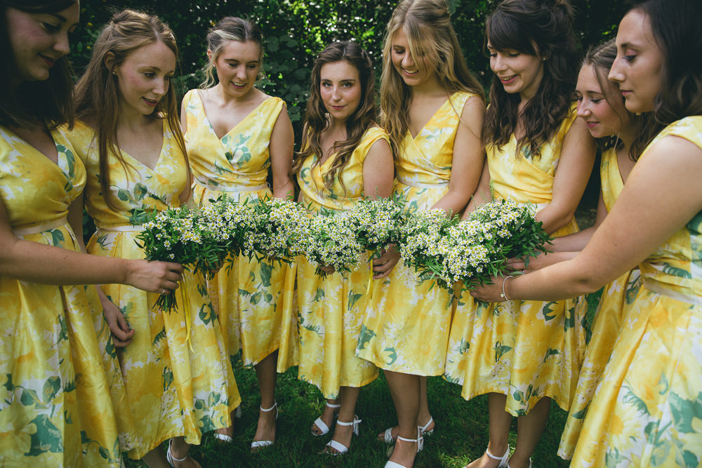 Short Yellow Floral Bridesmaids Bridesmaid Dress Dresses Damerham Village Hall Wedding Lisa-Marie Halliday Photography