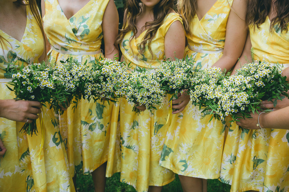 Short Yellow Floral Bridesmaids Bridesmaid Dress Dresses Daisy Daisies Bouquet Flowers Damerham Village Hall Wedding Lisa-Marie Halliday Photography