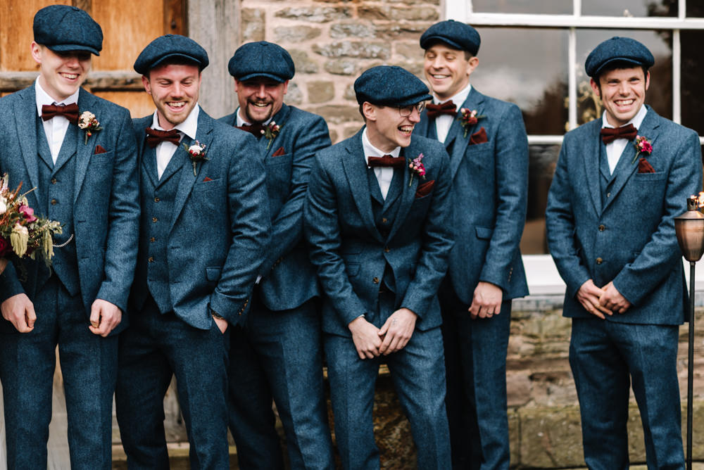 Groom Groomsmen Suits Bow Ties Flat Caps Baker Boy Hats Waistcoats Peaky Blinders Dewsall Court Wedding Oobaloos Photography