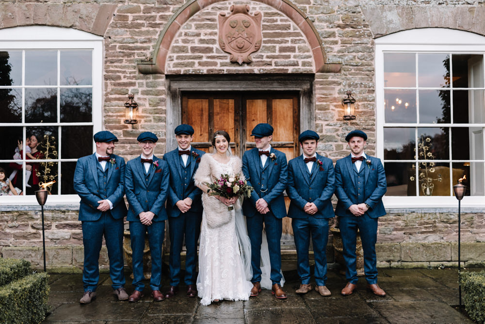 Groom Groomsmen Suits Bow Ties Flat Caps Baker Boy Hats Waistcoats Peaky Blinders Dewsall Court Wedding Oobaloos Photography
