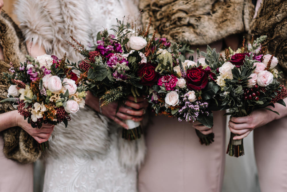 Bouquet Flowers Bride Bridal Burgundy Greenery Foliage Blush Rose Bridesmaids Dewsall Court Wedding Oobaloos Photography