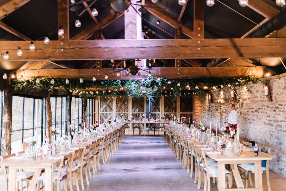 Barn Festoon Lights Greenery Foliage Decor Lights Lighting Dewsall Court Wedding Oobaloos Photography