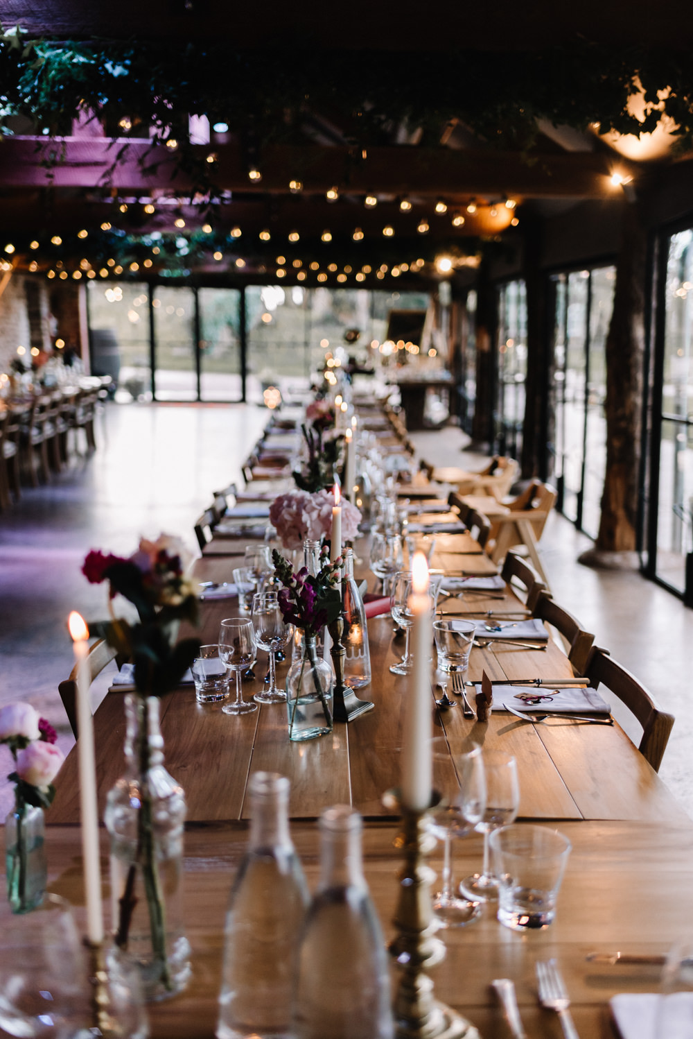 Long Tables Decor Candles Flowers Festoon Lights Dewsall Court Wedding Oobaloos Photography