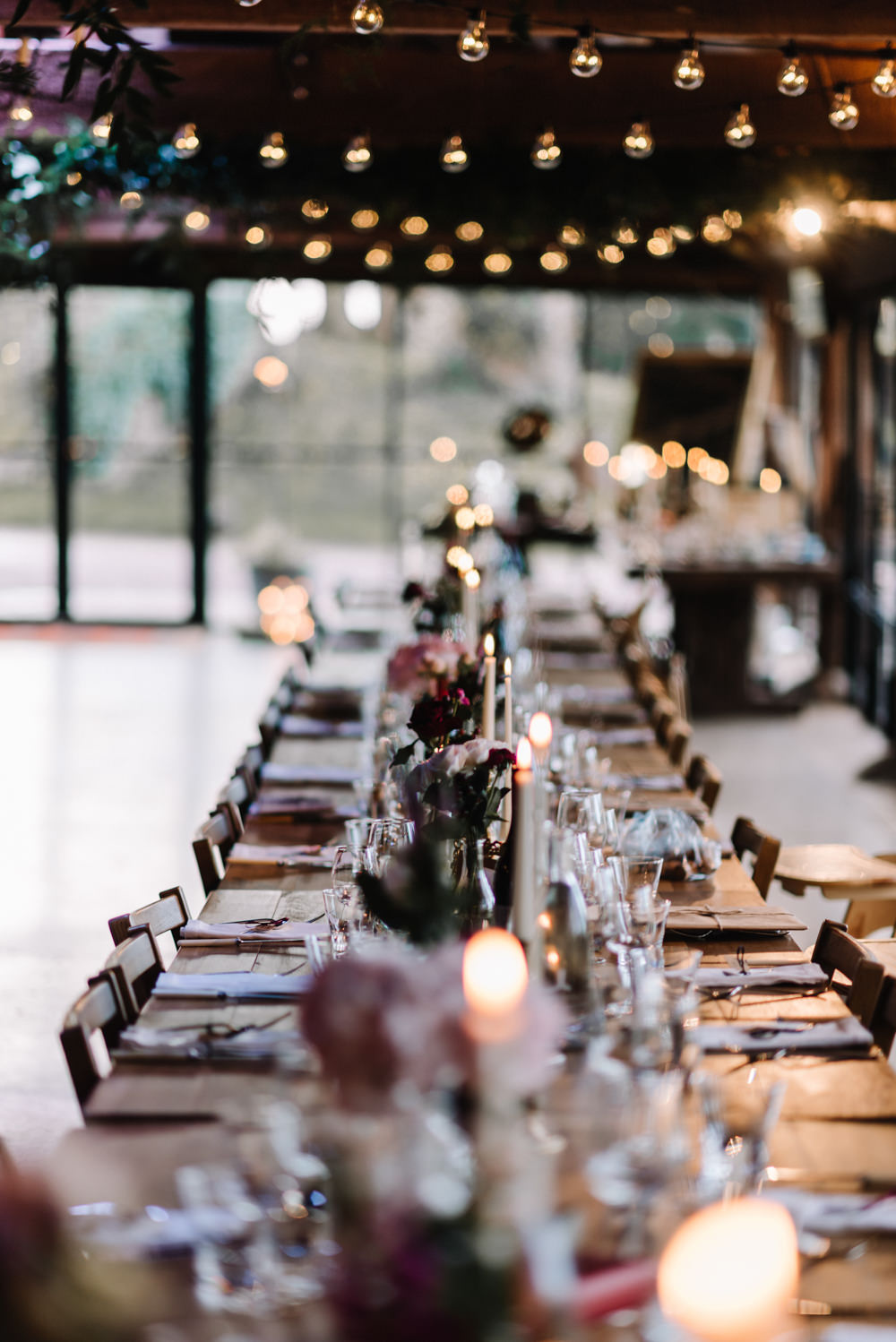 Long Tables Decor Candles Flowers Festoon Lights Dewsall Court Wedding Oobaloos Photography