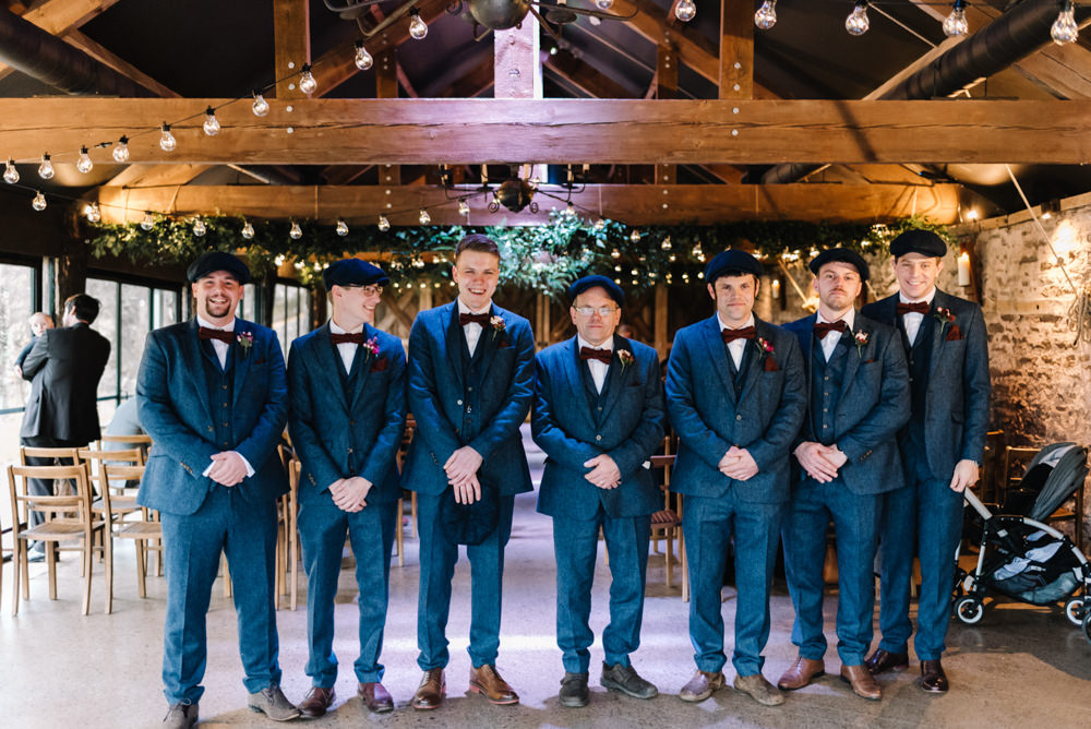 Groom Groomsmen Suits Bow Ties Flat Caps Baker Boy Hats Waistcoats Peaky Blinders Dewsall Court Wedding Oobaloos Photography