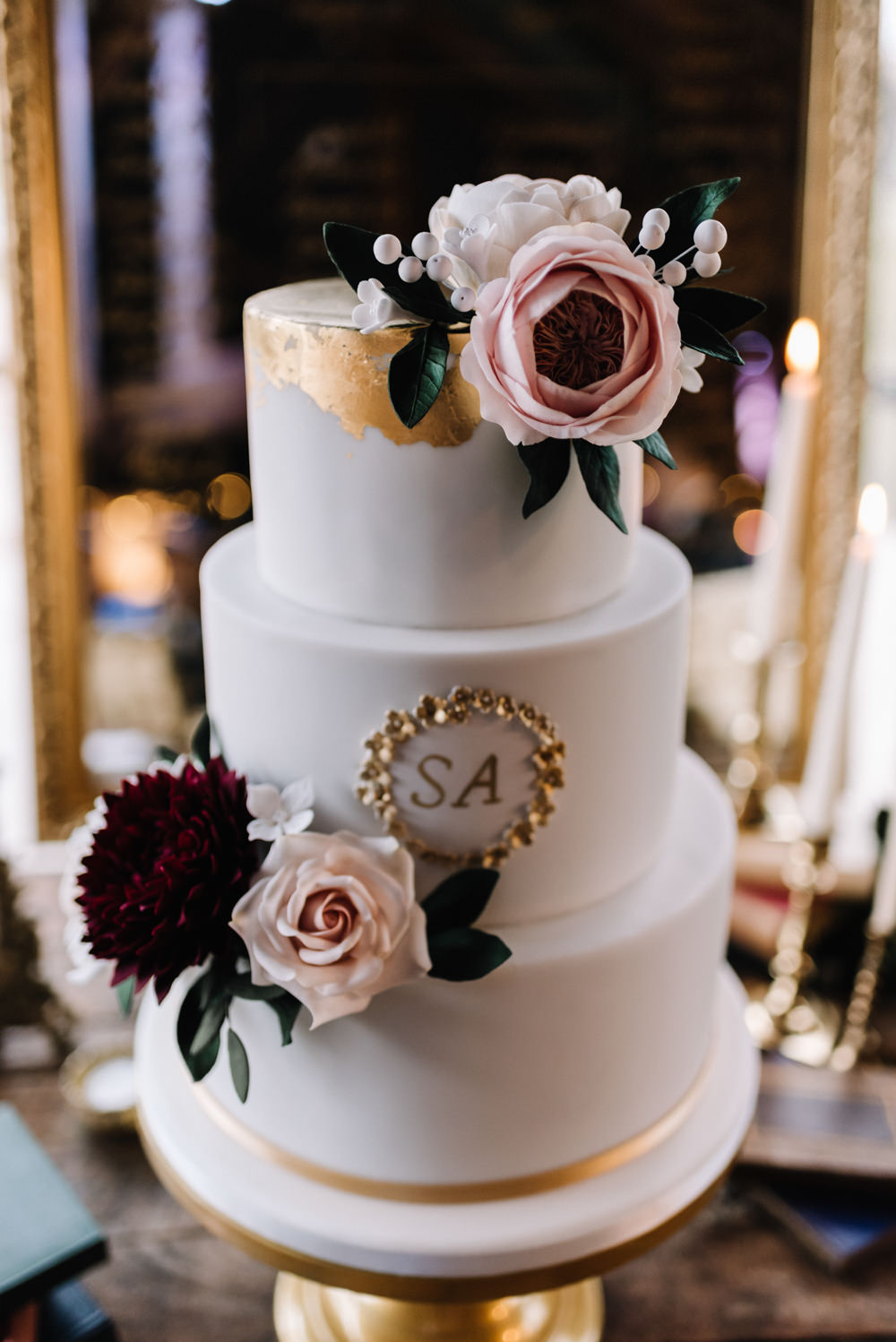 Cake Floral Flowers Pink Blush Burgundy Letters Initials Dewsall Court Wedding Oobaloos Photography