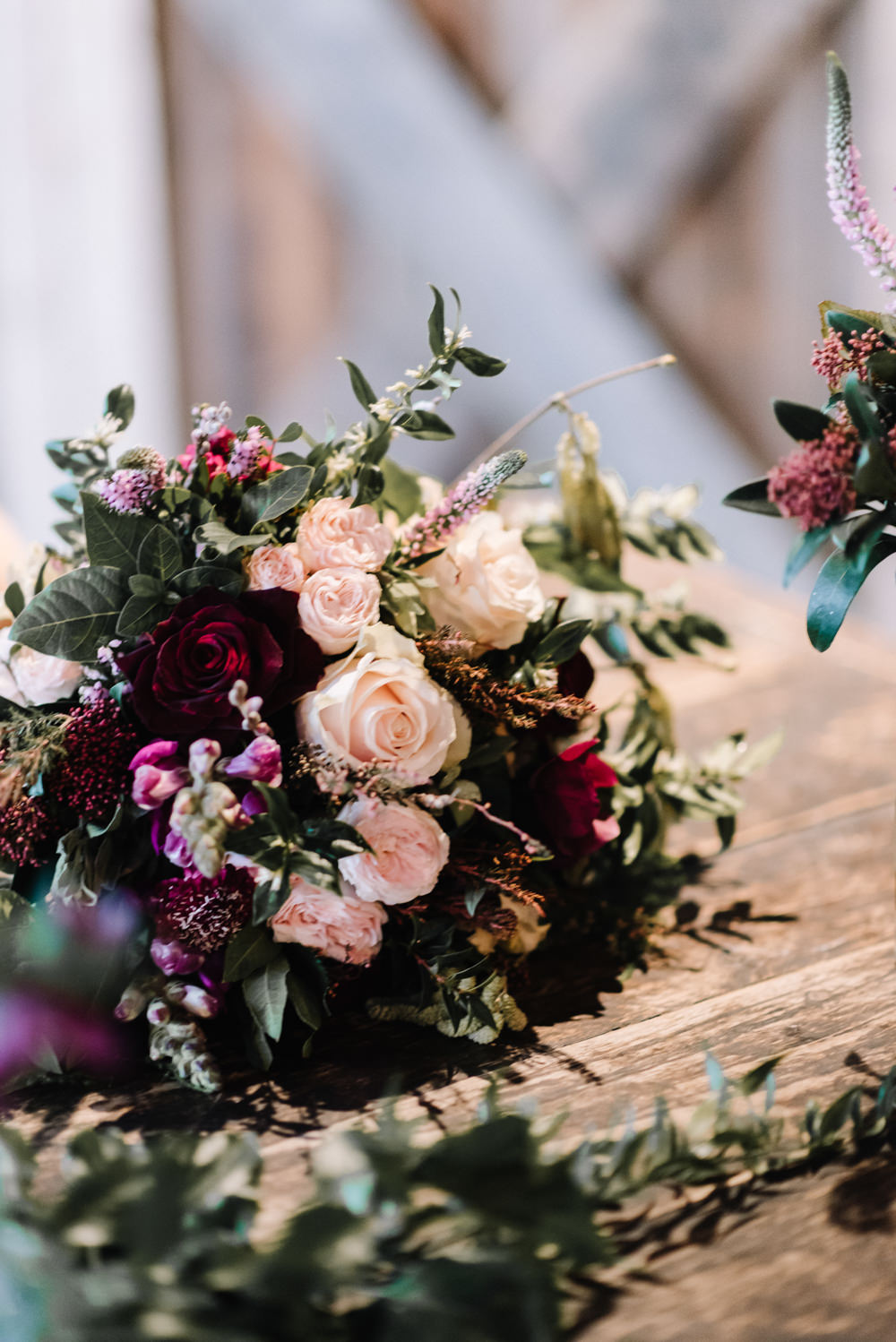 Bouquet Flowers Bride Bridal Burgundy Greenery Foliage Blush Rose Dewsall Court Wedding Oobaloos Photography