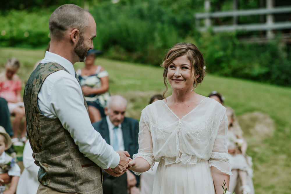 Bride Bridal Vintage Dress V Neck Sleeves Layered Waistcoat Tweed Groom Chinos Edwardian Inspired Wedding Daniel Ackerley Photography
