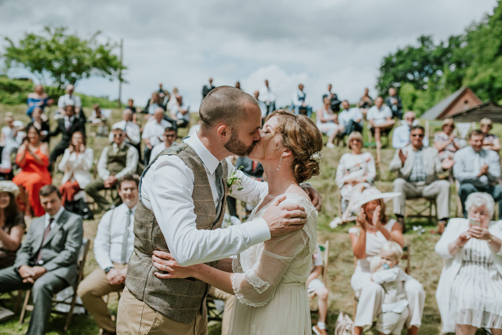 Bride Bridal Vintage Dress V Neck Sleeves Layered Waistcoat Tweed Groom Chinos Edwardian Inspired Wedding Daniel Ackerley Photography