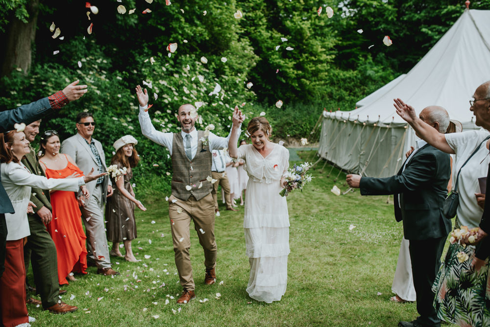 Bride Bridal Vintage Dress V Neck Sleeves Layered Waistcoat Tweed Groom Chinos Confetti Edwardian Inspired Wedding Daniel Ackerley Photography