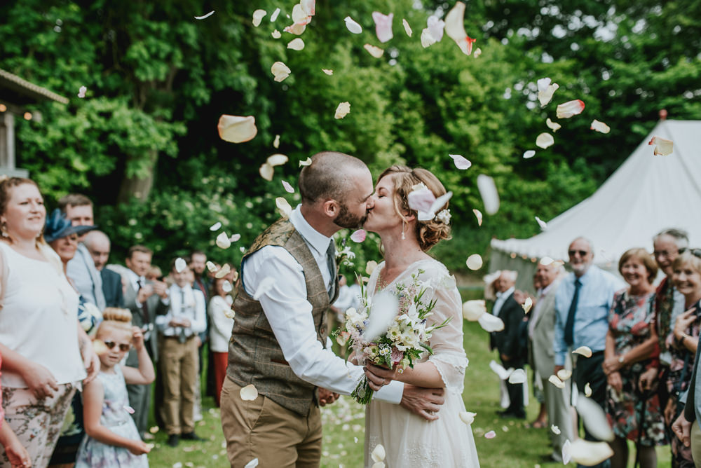 Bride Bridal Vintage Dress V Neck Sleeves Layered Waistcoat Tweed Groom Chinos Confetti Edwardian Inspired Wedding Daniel Ackerley Photography