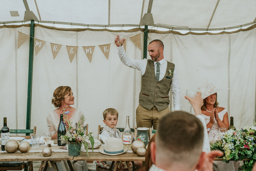 Bride Bridal Vintage Dress V Neck Sleeves Layered Waistcoat Tweed Groom Chinos Mr & Mrs Hessian Bunting Edwardian Inspired Wedding Daniel Ackerley Photography