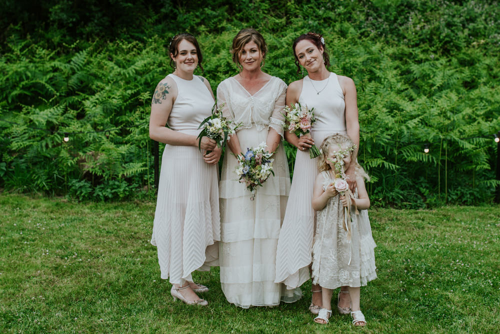 Bride Bridal Vintage Dress V Neck Sleeves Layered Waistcoat Tweed Groom Chinos High Low Bridesmaids Edwardian Inspired Wedding Daniel Ackerley Photography