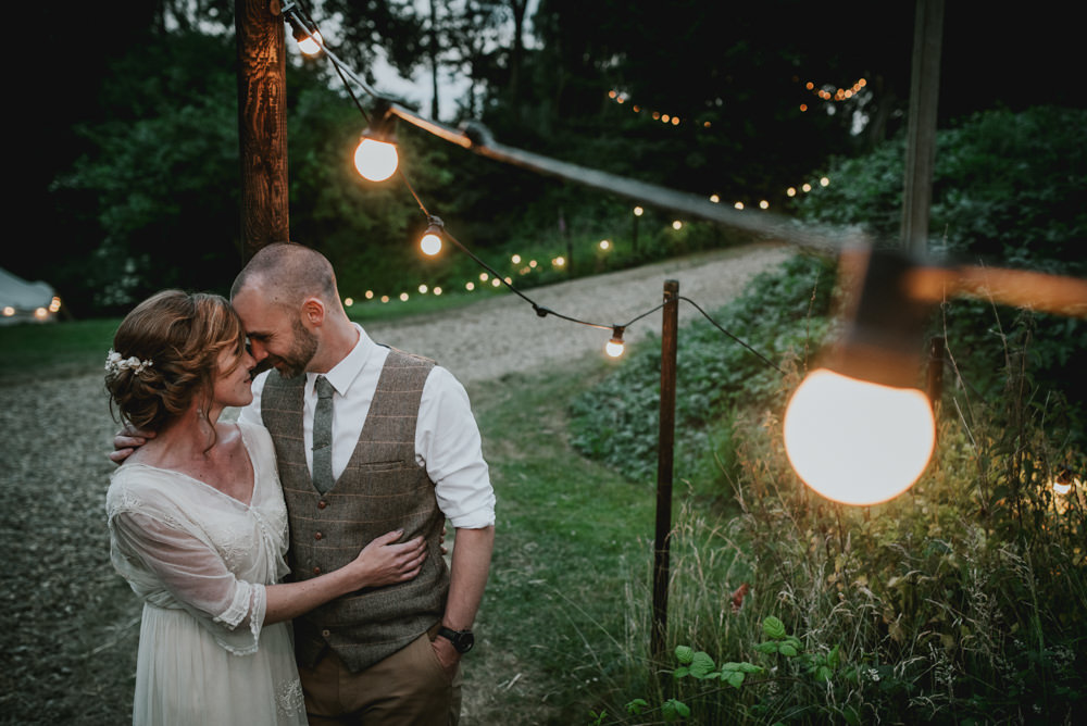 Bride Bridal Vintage Dress V Neck Sleeves Layered Waistcoat Tweed Groom Chinos Edwardian Inspired Wedding Daniel Ackerley Photography