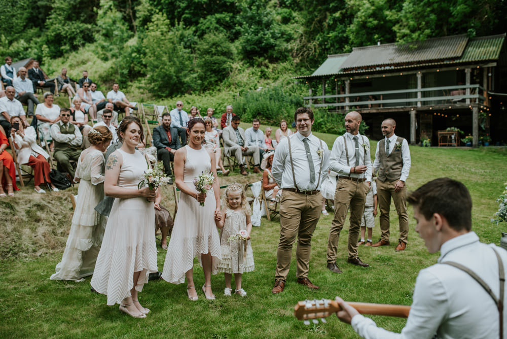 High Low Hem Bridesmaids Chino Braces Waistcoat Outdoor Ceremony Edwardian Inspired Wedding Daniel Ackerley Photography