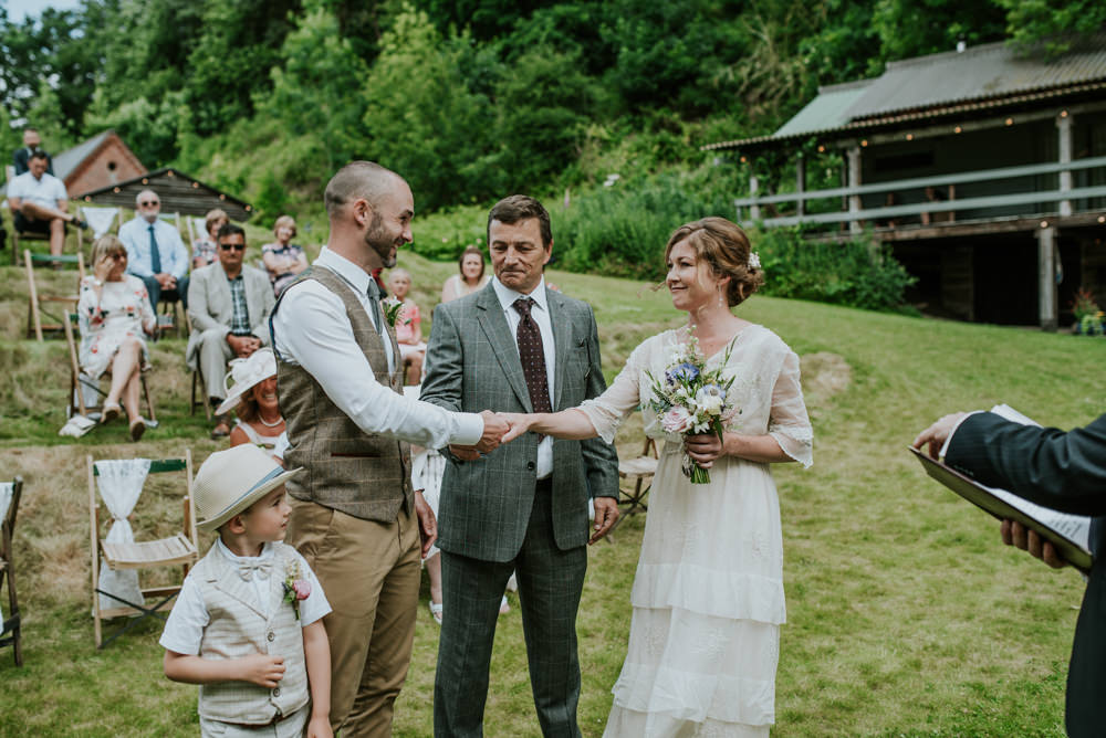 Bride Bridal Vintage Dress V Neck Sleeves Layered Waistcoat Tweed Groom Chinos Edwardian Inspired Wedding Daniel Ackerley Photography