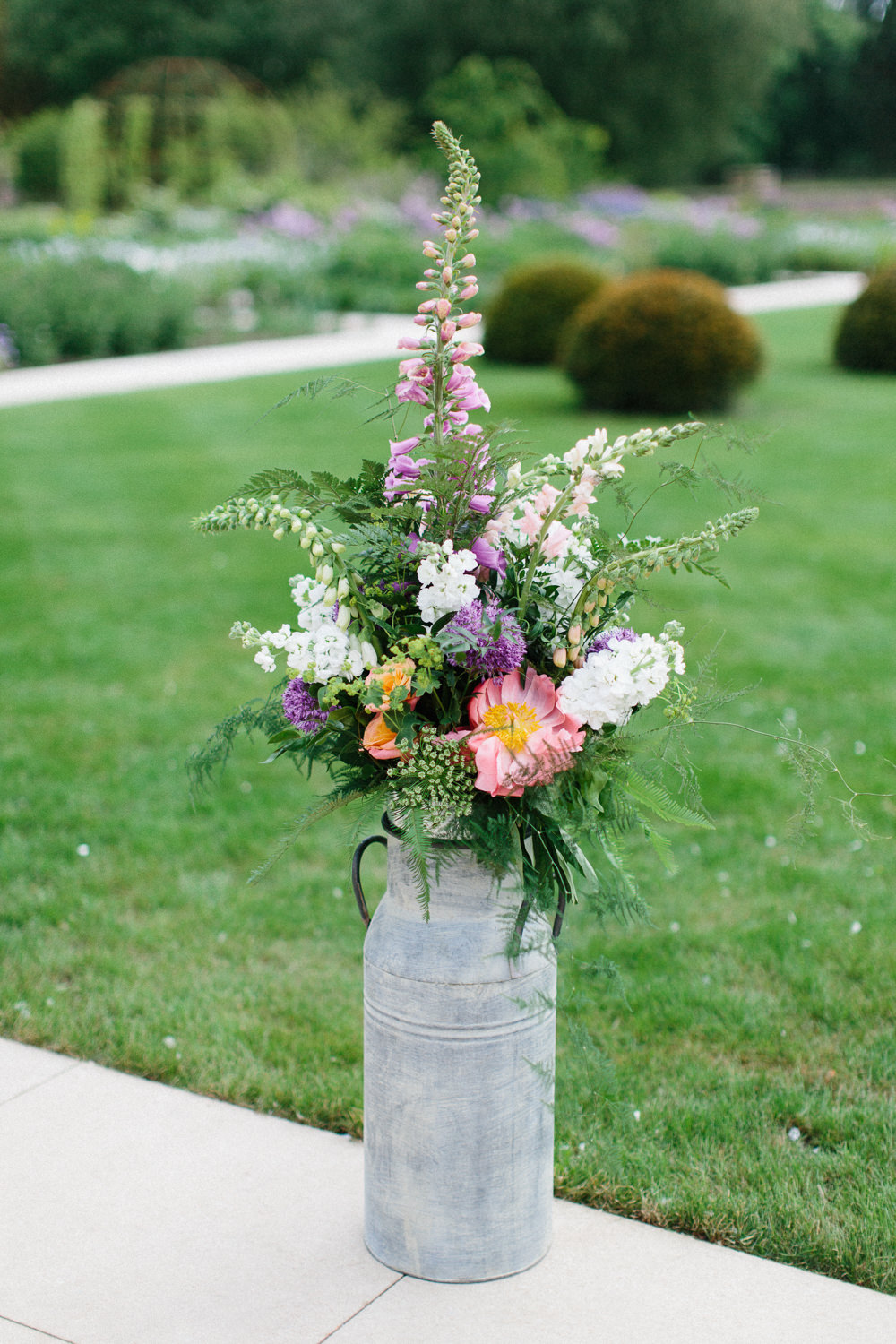 Milk Churn Flowers Floral Foxglove Stocks Garden Ceremony Wedding Melissa Beattie Photography