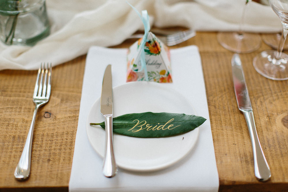 Gold Calligraphy Leaf Place Card Pyramid Favour Garden Ceremony Wedding Melissa Beattie Photography