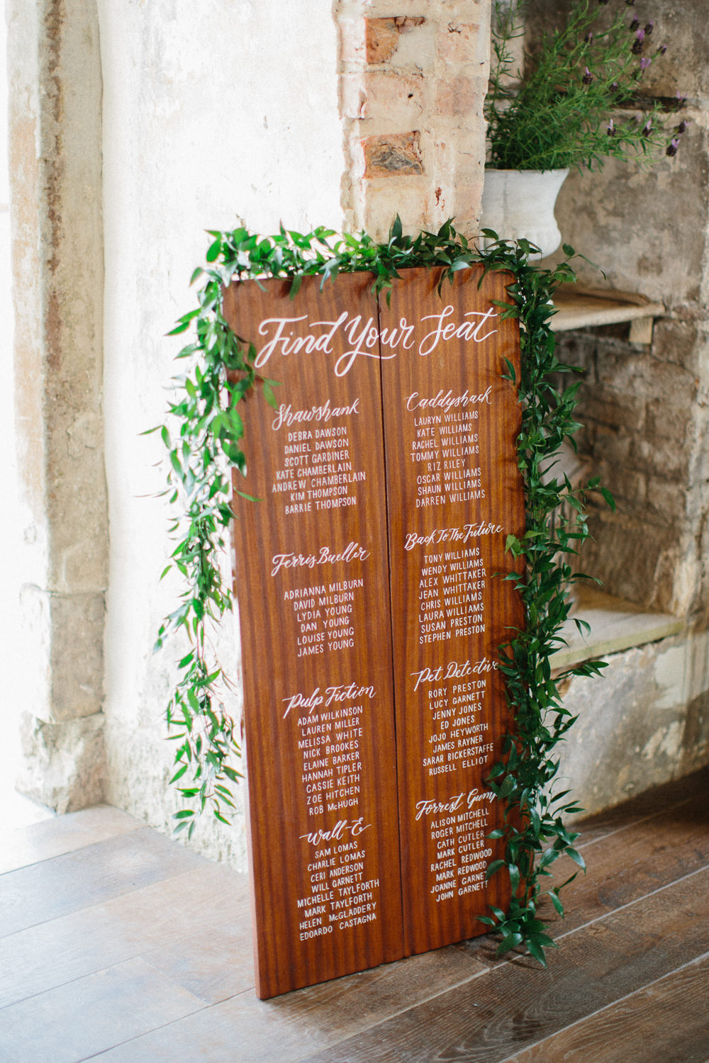 Wooden Table Plan Seating Chart Calligraphy Greenery Foliage Garden Ceremony Wedding Melissa Beattie Photography