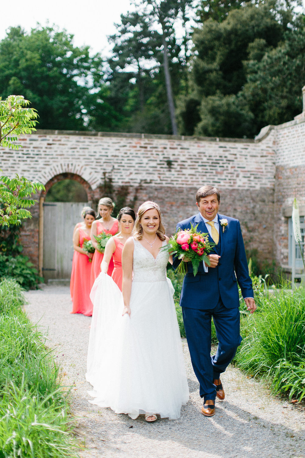 Bride Bridal Dress Sleeveless A Line Beaded Embellished V Neck Tiara Blue Suit Waistcoat Veil Coral Bridesmaids Garden Ceremony Wedding Melissa Beattie Photography