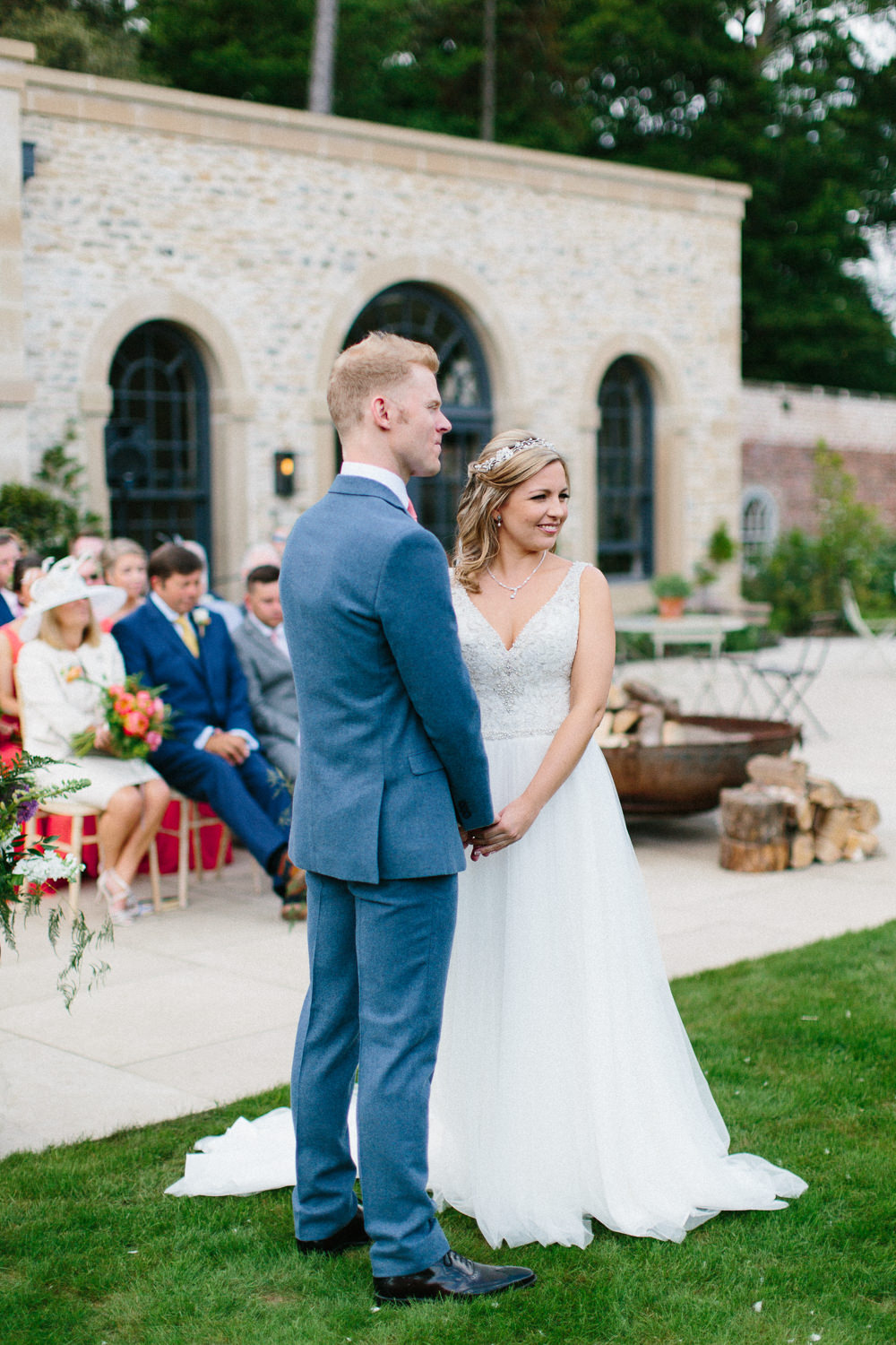 Bride Bridal Dress Sleeveless A Line Beaded Embellished V Neck Tiara Blue Suit Waistcoat Groom Veil Garden Ceremony Wedding Melissa Beattie Photography
