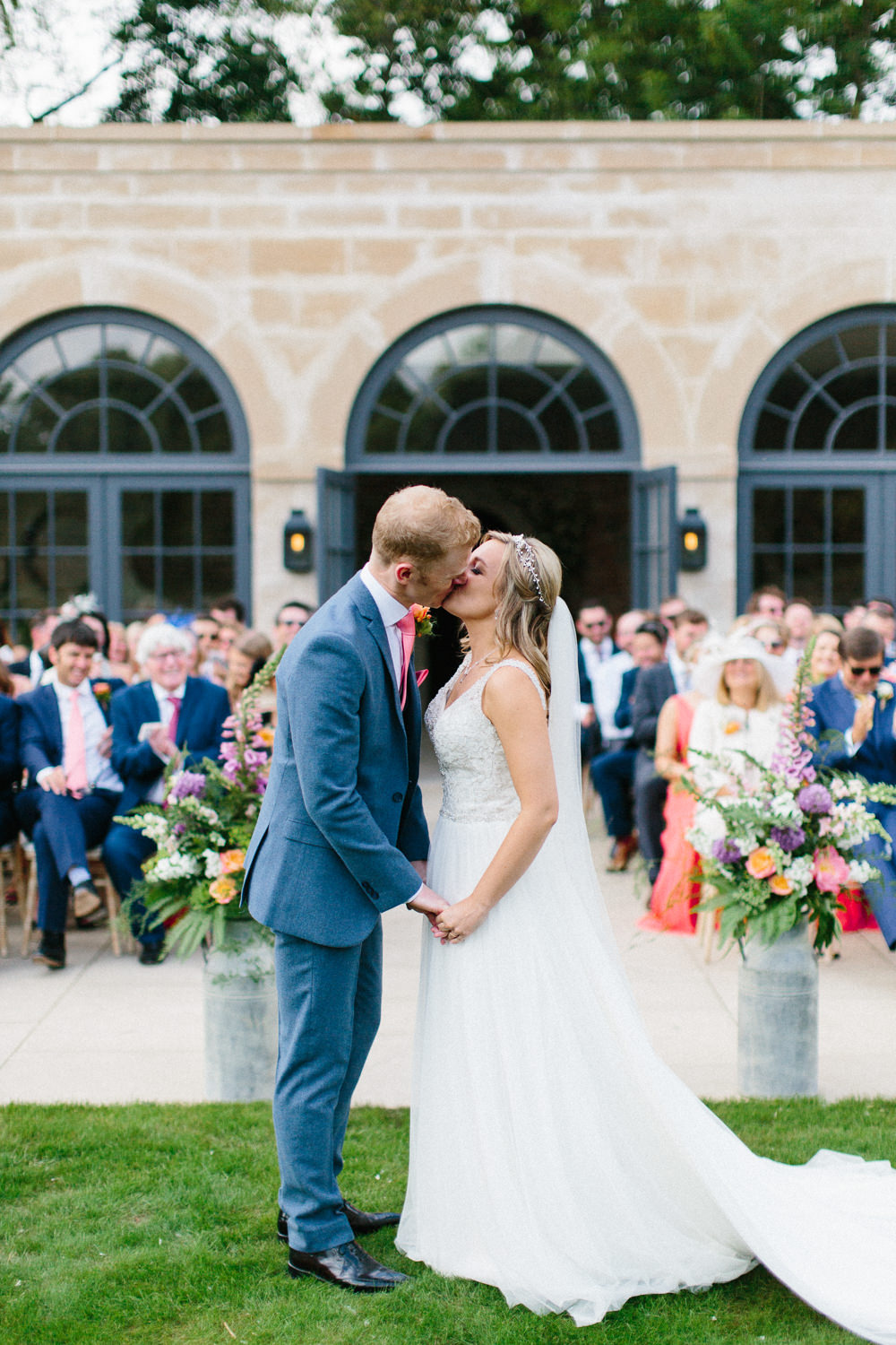 Bride Bridal Dress Sleeveless A Line Beaded Embellished V Neck Tiara Blue Suit Waistcoat Groom Veil Garden Ceremony Wedding Melissa Beattie Photography