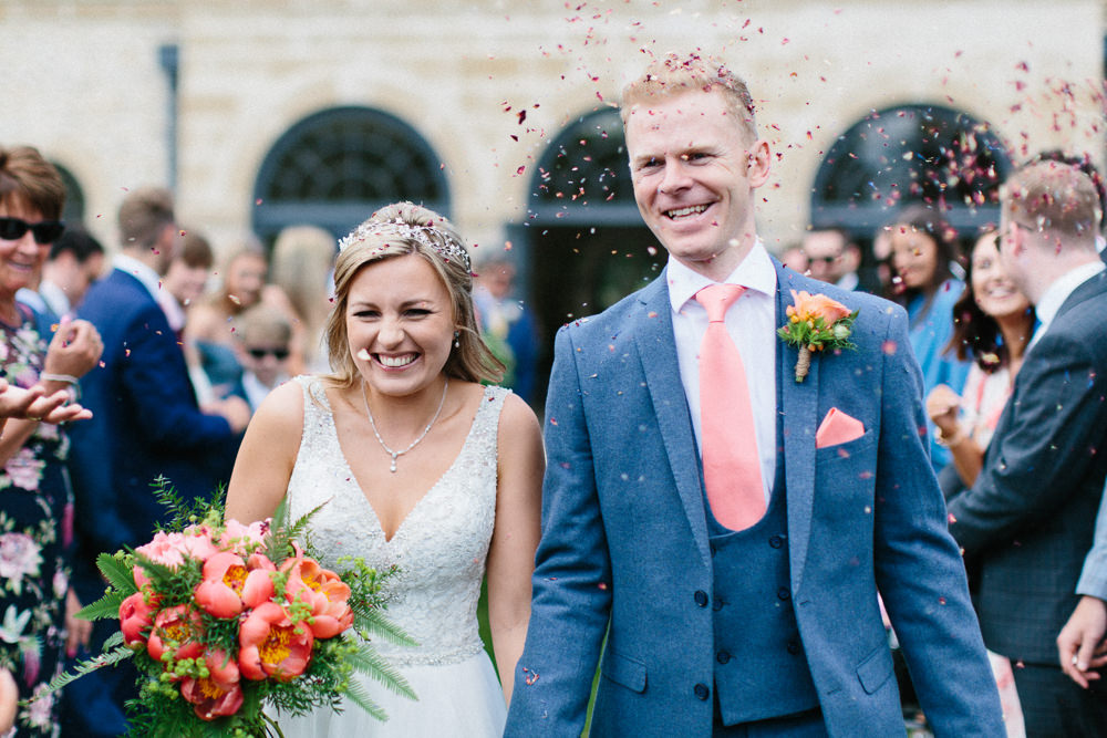 Bride Bridal Dress Sleeveless A Line Beaded Embellished V Neck Tiara Blue Suit Waistcoat Groom Veil Coral Tie Confetti Garden Ceremony Wedding Melissa Beattie Photography