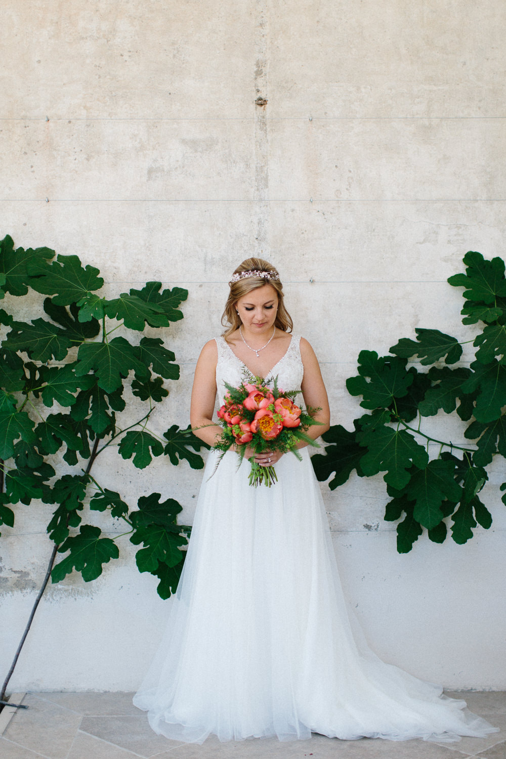 Bride Bridal Dress Sleeveless A Line Beaded Embellished V Neck Tiara Veil Coral Peony Bouquet Garden Ceremony Wedding Melissa Beattie Photography