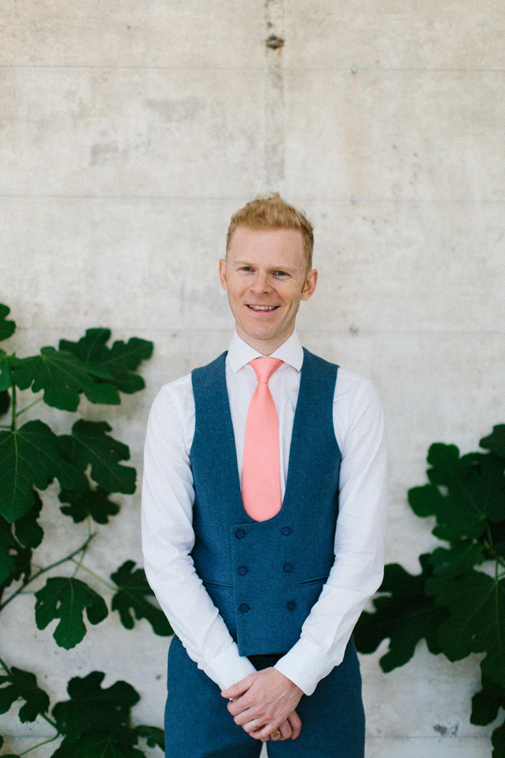 Groom Bib Waistcoat Coral Tie Blue Suit Garden Ceremony Wedding Melissa Beattie Photography