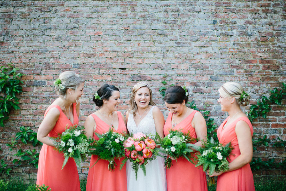 Bride Bridal Dress Sleeveless A Line Beaded Embellished V Neck Tiara Coral Bridesmaids Greenery Veil Garden Ceremony Wedding Melissa Beattie Photography