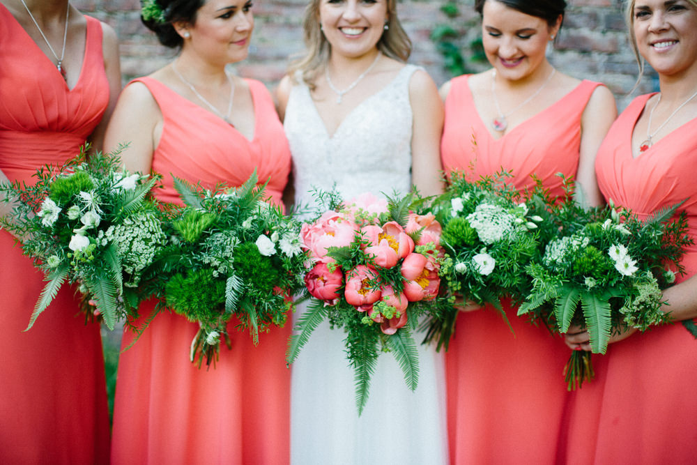 Bridesmaids Coral Greenery Fern Bouquet Peony Garden Ceremony Wedding Melissa Beattie Photography
