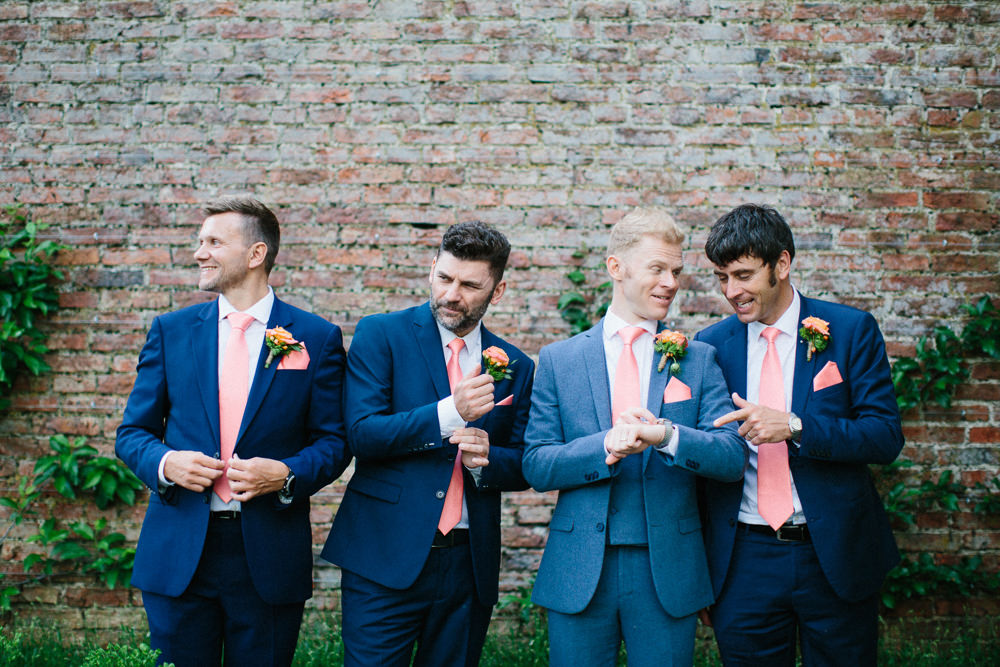 Blue Suit Groom Groomsmen Coral Tie Garden Ceremony Wedding Melissa Beattie Photography