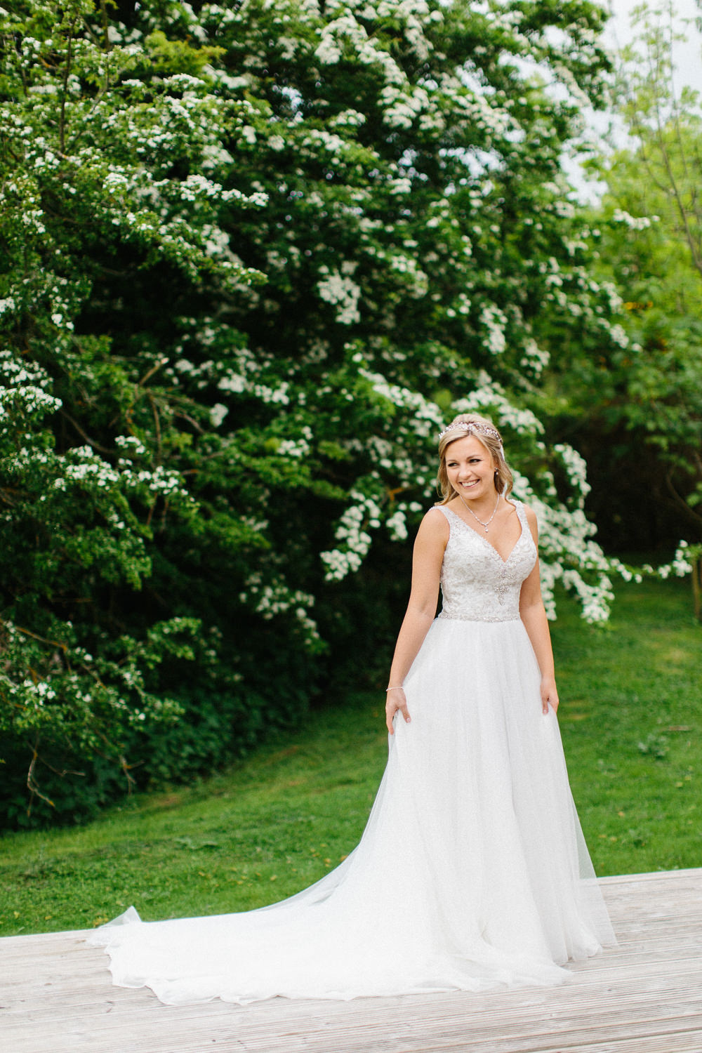 Bride Bridal Dress Sleeveless A Line Beaded Embellished V Neck Hair Vine Veil Garden Ceremony Wedding Melissa Beattie Photography
