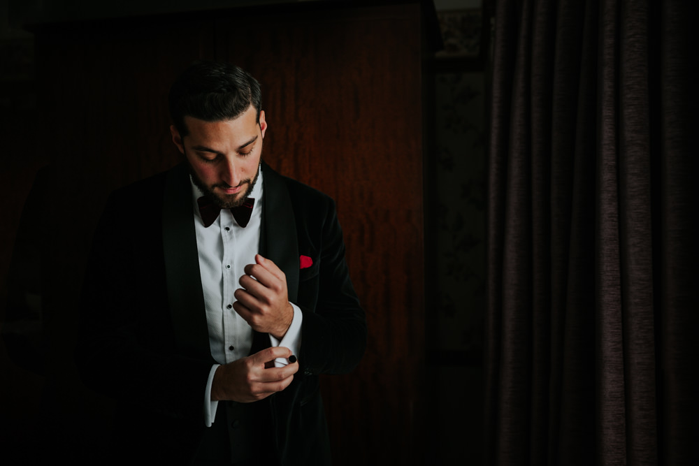 Velvet Tuxedo Groom Bow Tie Gaynes Park Wedding Kate Gray Photography