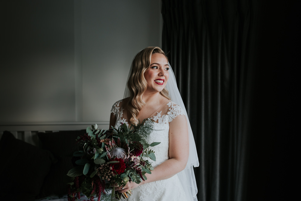 Bride Bridal Cap Sleeve Lace Overlay Dress Gown Veil Eucalyptus Dahlia Bouquet Gaynes Park Wedding Kate Gray Photography