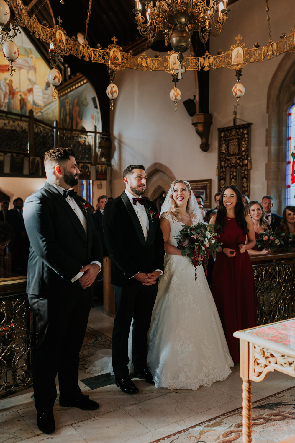 Bride Bridal Cap Sleeve Lace Overlay Dress Gown Veil Velvet Tuxedo Burgundy Bow Tie Groom Burgundy Bridesmaid Gaynes Park Wedding Kate Gray Photography